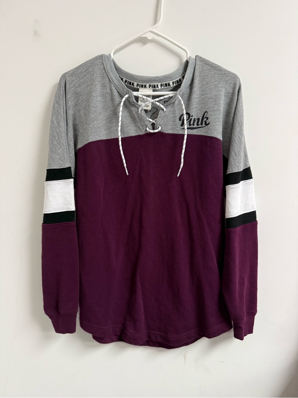 PINK Victoria's Secret Lace-Up Colorblock Pullover in Purple and Gray